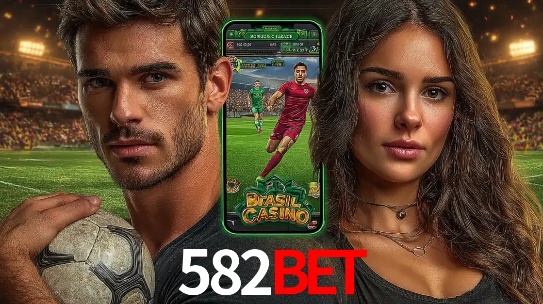 Homem segurando uma bola de futebol e uma mulher ao lado de um smartphone exibindo o jogo de apostas esportivas da 582bet. Faça seu palpite no cassino online.
